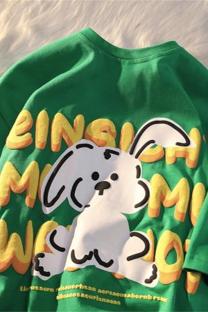 Black and White Color-Blocked Short Sleeve T-Shirt for Men and Women, Plus Size, Loose-Fitting, Pure Cotton, Rabbit Print, Couple Style