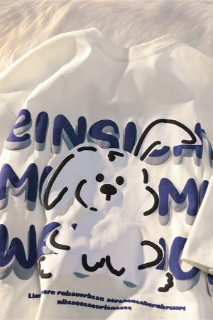 Black and White Color-Blocked Short Sleeve T-Shirt for Men and Women, Plus Size, Loose-Fitting, Pure Cotton, Rabbit Print, Couple Style