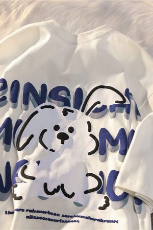 Black and White Color-Blocked Short Sleeve T-Shirt for Men and Women, Plus Size, Loose-Fitting, Pure Cotton, Rabbit Print, Couple Style