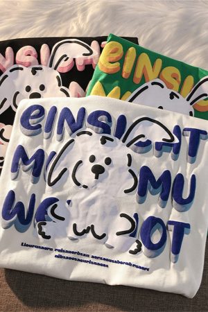 Black and White Color-Blocked Short Sleeve T-Shirt for Men and Women, Plus Size, Loose-Fitting, Pure Cotton, Rabbit Print, Couple Style