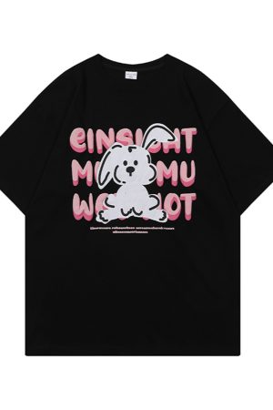 Black and White Color-Blocked Short Sleeve T-Shirt for Men and Women, Plus Size, Loose-Fitting, Pure Cotton, Rabbit Print, Couple Style