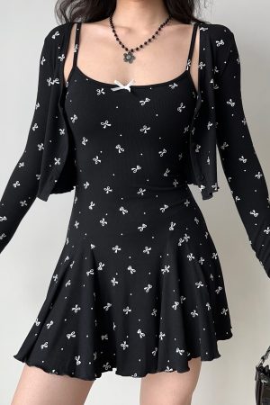 Black Bow Tie Camisole Dress Cardigan Two-Piece Set - Women's A-Line Short Skirt, European American Style, Chic Casual Fashion