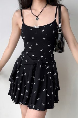 Black Bow Tie Camisole Dress Cardigan Two-Piece Set - Women's A-Line Short Skirt, European American Style, Chic Casual Fashion