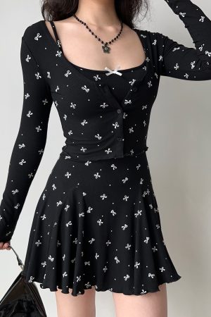 Black Bow Tie Camisole Dress Cardigan Two-Piece Set - Women's A-Line Short Skirt, European American Style, Chic Casual Fashion