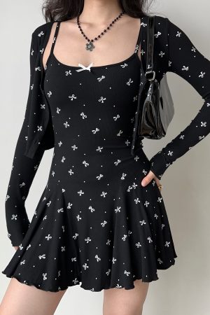 Black Bow Tie Camisole Dress Cardigan Two-Piece Set - Women's A-Line Short Skirt, European American Style, Chic Casual Fashion