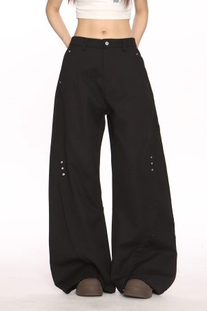 Black Deconstructed Curved Blade Wide-Leg Pants - Trendy High-End Casual Trousers for Women, Floor-Length Niche Design Fashion