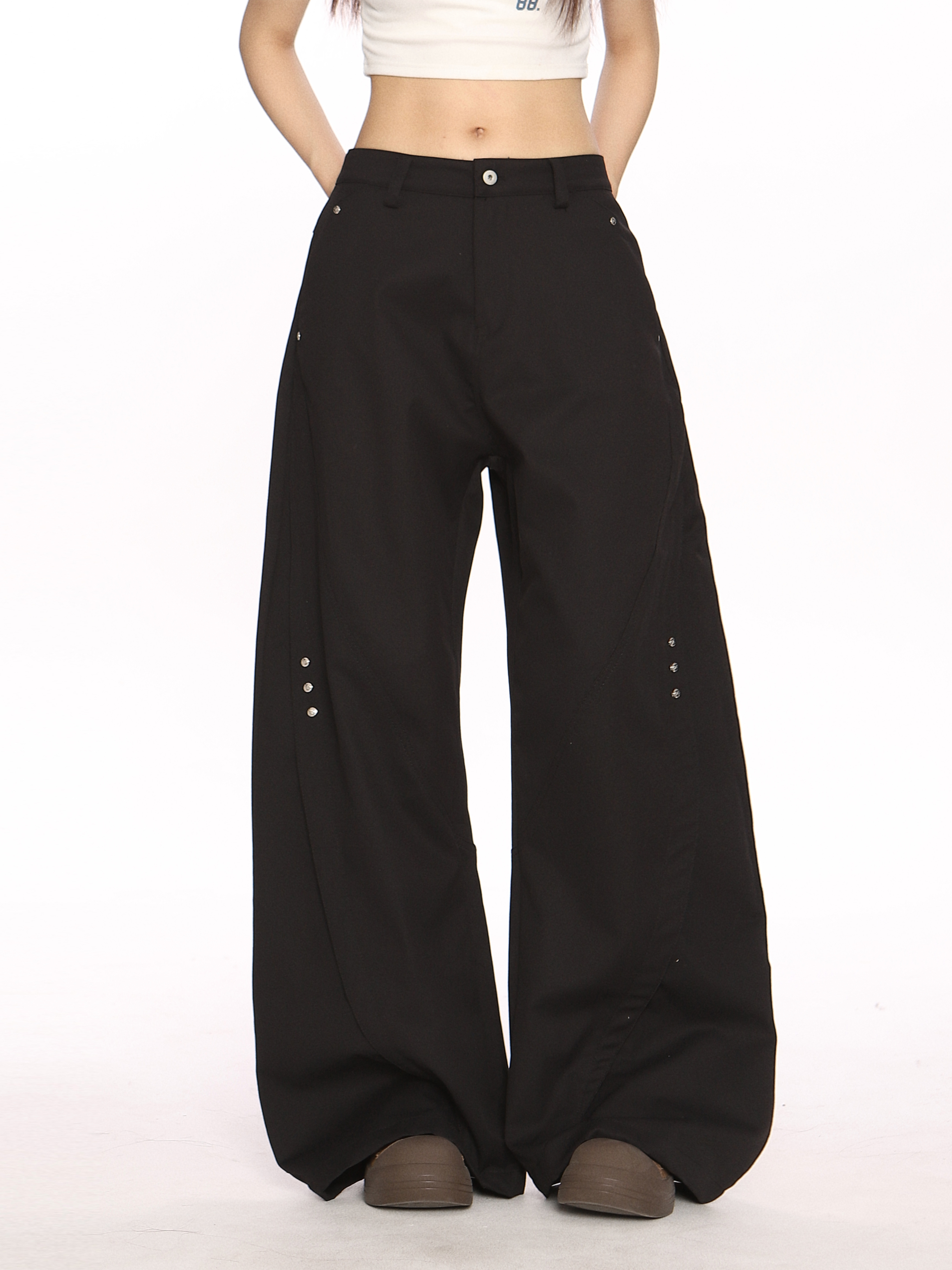 Black Deconstructed Curved Blade Wide-Leg Pants - Trendy High-End Casual Trousers for Women, Floor-Length Niche Design Fashion