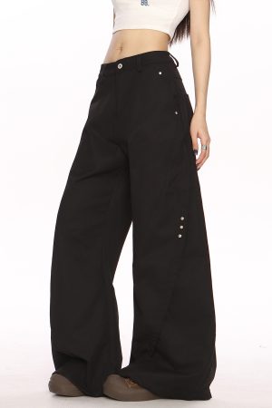 Black Deconstructed Curved Blade Wide-Leg Pants - Trendy High-End Casual Trousers for Women, Floor-Length Niche Design Fashion
