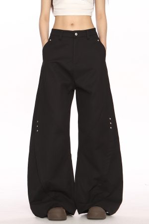 Black Deconstructed Curved Blade Wide-Leg Pants - Trendy High-End Casual Trousers for Women, Floor-Length Niche Design Fashion