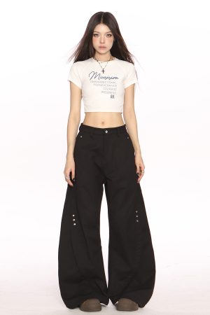 Black Deconstructed Curved Blade Wide-Leg Pants - Trendy High-End Casual Trousers for Women, Floor-Length Niche Design Fashion
