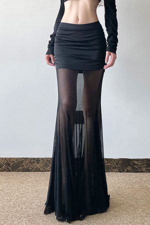 Black Mesh Splicing Low Waist Bodycon Long Skirt - Versatile Sexy Hip-Wrapping Pleated Design for Y2K and Hot Girl Style