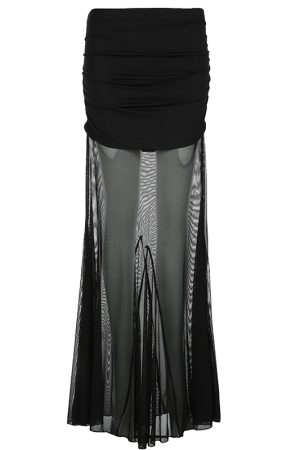 Black Mesh Splicing Low Waist Bodycon Long Skirt - Versatile Sexy Hip-Wrapping Pleated Design for Y2K and Hot Girl Style