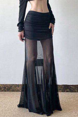 Black Mesh Splicing Low Waist Bodycon Long Skirt - Versatile Sexy Hip-Wrapping Pleated Design for Y2K and Hot Girl Style