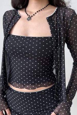 Black Polka Dot Mesh Cardigan and High-Waisted Skirt Set for Women - European American Style, Chic Layering Outfit