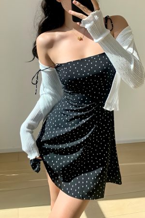 Black Polka Dot Thin Strap A-Line Mini Dress - Sexy Waist-Defining Vacation Style, 90s Inspired Fashion