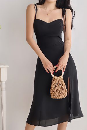 Black Vintage Tie-Up Holiday Dress for Women - Side Split V-Neck Strap Long Dress in 90s Style