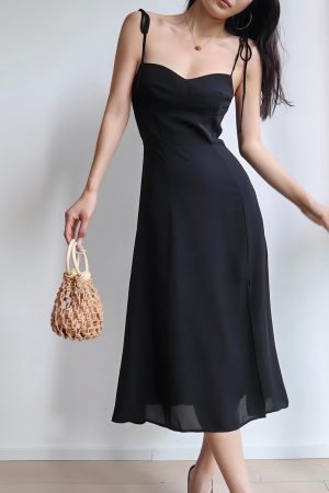Black Vintage Tie-Up Holiday Dress for Women - Side Split V-Neck Strap Long Dress in 90s Style