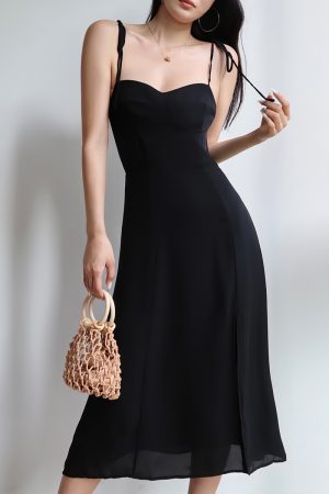 Black Vintage Tie-Up Holiday Dress for Women - Side Split V-Neck Strap Long Dress in 90s Style