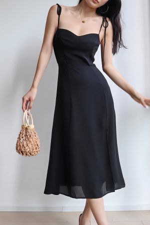 Black Vintage Tie-Up Holiday Dress for Women - Side Split V-Neck Strap Long Dress in 90s Style