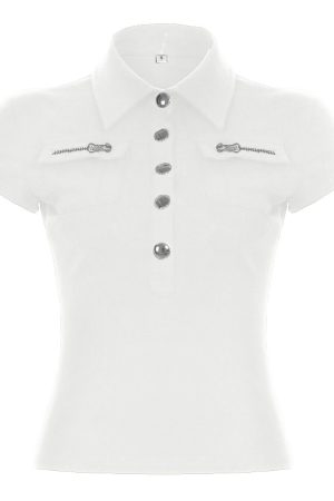 Black Workwear Lapel Zipper Button Short Sleeve T-Shirt - Slim Fit Versatile Top for Street Style and Casual Looks