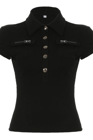 Black Workwear Lapel Zipper Button Short Sleeve T-Shirt - Slim Fit Versatile Top for Street Style and Casual Looks