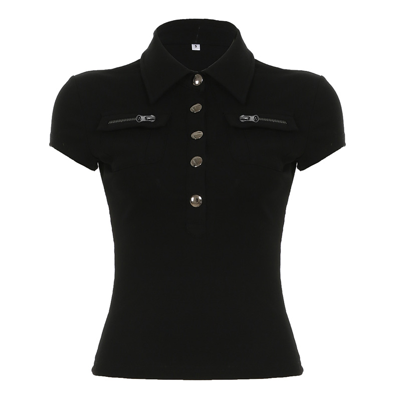 Black Workwear Lapel Zipper Button Short Sleeve T-Shirt - Slim Fit Versatile Top for Street Style and Casual Looks Black Workwear Lapel Zipper Button Short Sleeve T-Shirt - Slim Fit Versatile Top for Street Style and Casual Looks