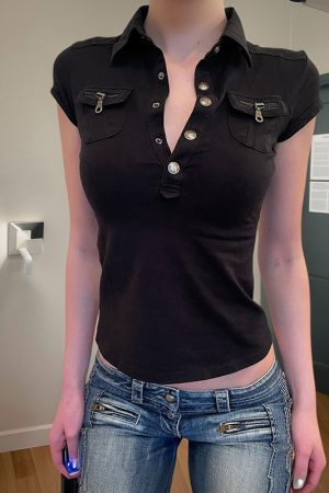 Black Workwear Lapel Zipper Button Short Sleeve T-Shirt - Slim Fit Versatile Top for Street Style and Casual Looks