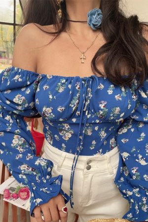 Blue Floral Cropped Blouse Shirt with French Square Neck and Lantern Sleeves for 2025 Spring/Summer Vacation Style