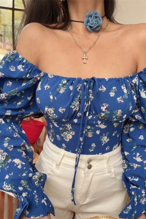 Blue Floral Cropped Blouse Shirt with French Square Neck and Lantern Sleeves for 2025 Spring/Summer Vacation Style