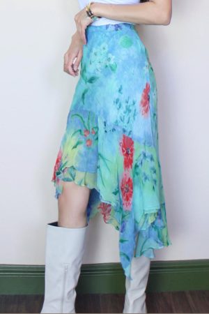 Blue Floral Irregular Print Midi Skirt - Vacation Style Slim Fit Dress for Effortless 90s-Inspired Summer Fashion
