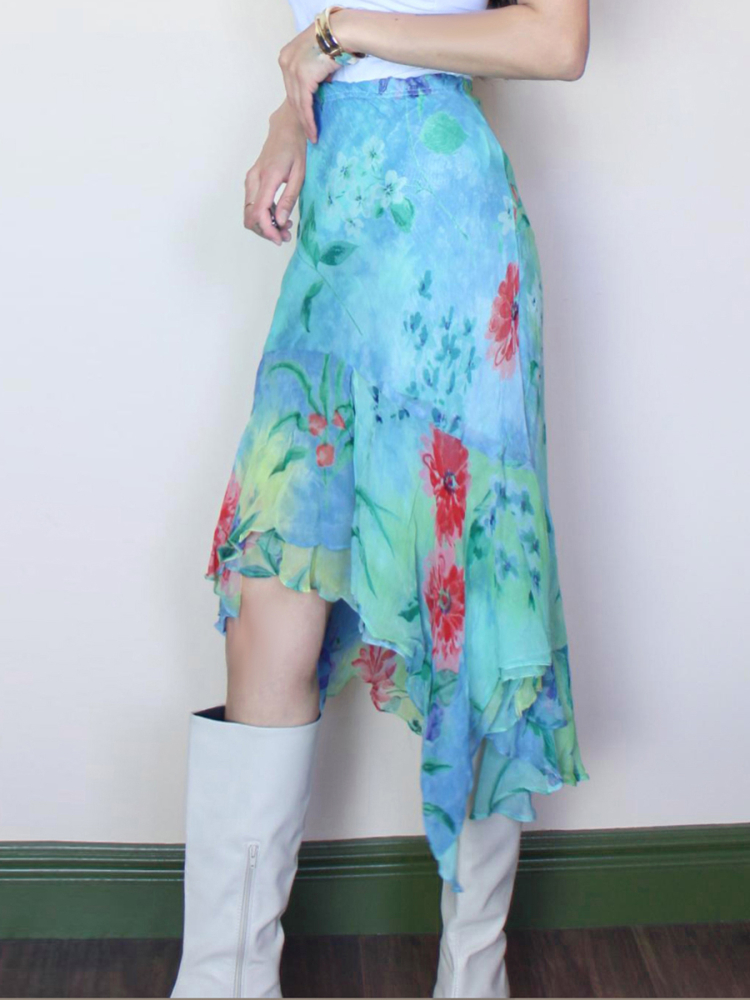 Blue Floral Irregular Print Midi Skirt - Vacation Style Slim Fit Dress for Effortless 90s-Inspired Summer Fashion Blue Floral Irregular Print Midi Skirt - Vacation Style Slim Fit Dress for Effortless 90s-Inspired Summer Fashion
