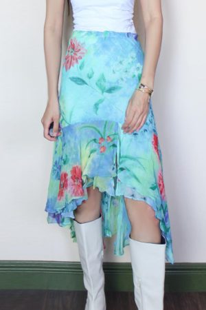 Blue Floral Irregular Print Midi Skirt - Vacation Style Slim Fit Dress for Effortless 90s-Inspired Summer Fashion