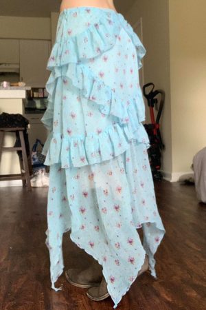 Blue Floral Ruffled Hem Midi Skirt for Women - Irregular Straight Draped Tulle Design, Perfect for Summer and Y2K Style