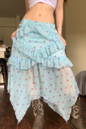 Blue Floral Ruffled Hem Midi Skirt for Women - Irregular Straight Draped Tulle Design, Perfect for Summer and Y2K Style