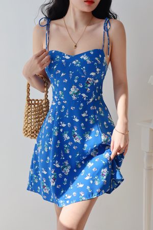 Blue Floral Spaghetti Strap Dress for Women - Summer A-Line Shoulder Tie Vacation Style, European American Fashion