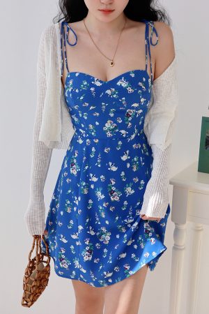 Blue Floral Spaghetti Strap Dress for Women - Summer A-Line Shoulder Tie Vacation Style, European American Fashion