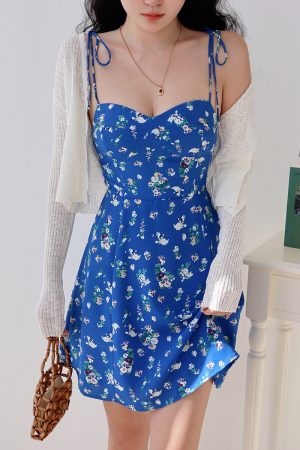 Blue Floral Spaghetti Strap Dress for Women - Summer A-Line Shoulder Tie Vacation Style, European American Fashion