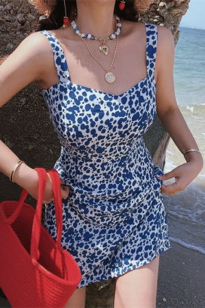 Blue Floral Waist-Defined Cami Dress - Square Neck American Vintage Style for Spring/Summer Vacation - Short Skirt, 2023 Trend