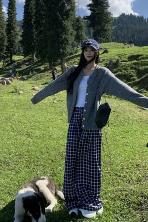 Blue Plaid Casual Pants for Women - Straight Leg, Floor-Length, Spring Autumn Style, Inspired by Zhao Lusi, Y2K Fashion