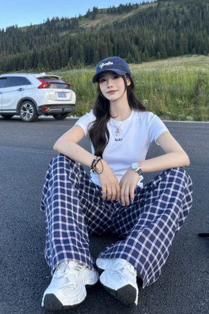 Blue Plaid Casual Pants for Women - Straight Leg, Floor-Length, Spring Autumn Style, Inspired by Zhao Lusi, Y2K Fashion