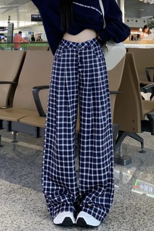 Blue Plaid Casual Pants for Women - Straight Leg, Floor-Length, Spring Autumn Style, Inspired by Zhao Lusi, Y2K Fashion