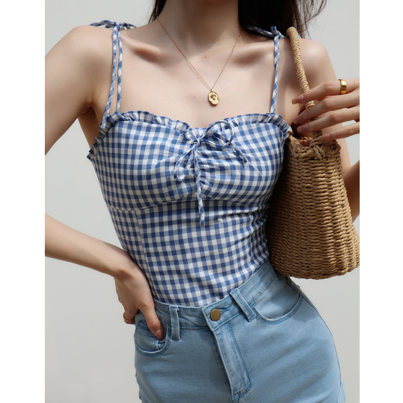 Blue Plaid Lace-Trimmed Camisole with Front Tie, Slim Fit and Pleated Back - Fresh Girl 90s Inspired Top Blue Plaid Lace-Trimmed Camisole with Front Tie, Slim Fit and Pleated Back - Fresh Girl 90s Inspired Top