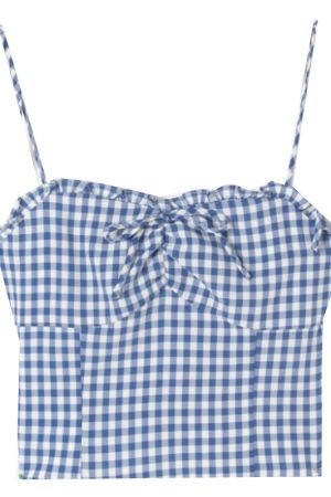 Blue Plaid Lace-Trimmed Camisole with Front Tie, Slim Fit and Pleated Back - Fresh Girl 90s Inspired Top