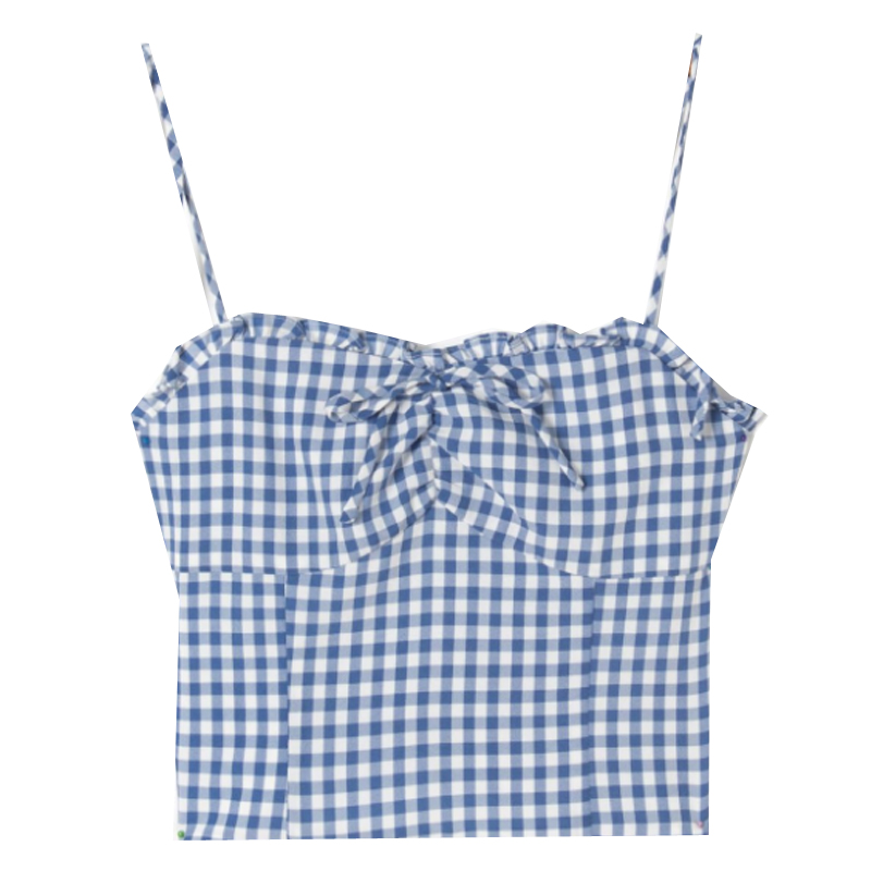 Blue Plaid Lace-Trimmed Camisole with Front Tie, Slim Fit and Pleated Back - Fresh Girl 90s Inspired Top Blue Plaid Lace-Trimmed Camisole with Front Tie, Slim Fit and Pleated Back - Fresh Girl 90s Inspired Top