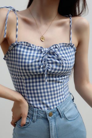 Blue Plaid Lace-Trimmed Camisole with Front Tie, Slim Fit and Pleated Back - Fresh Girl 90s Inspired Top