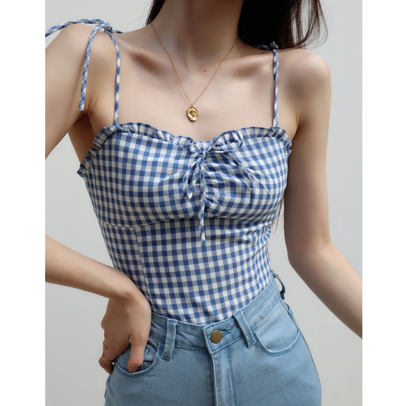 Blue Plaid Lace-Trimmed Camisole with Front Tie, Slim Fit and Pleated Back - Fresh Girl 90s Inspired Top Blue Plaid Lace-Trimmed Camisole with Front Tie, Slim Fit and Pleated Back - Fresh Girl 90s Inspired Top