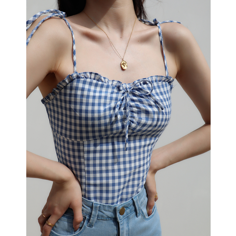Blue Plaid Lace-Trimmed Camisole with Front Tie, Slim Fit and Pleated Back - Fresh Girl 90s Inspired Top Blue Plaid Lace-Trimmed Camisole with Front Tie, Slim Fit and Pleated Back - Fresh Girl 90s Inspired Top
