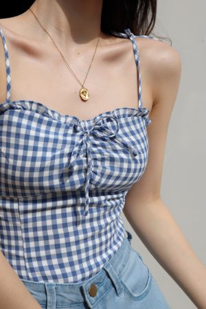 Blue Plaid Lace-Trimmed Camisole with Front Tie, Slim Fit and Pleated Back - Fresh Girl 90s Inspired Top