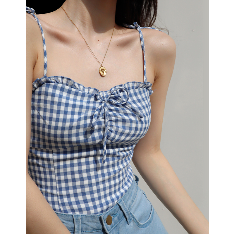 Blue Plaid Lace-Trimmed Camisole with Front Tie, Slim Fit and Pleated Back - Fresh Girl 90s Inspired Top Blue Plaid Lace-Trimmed Camisole with Front Tie, Slim Fit and Pleated Back - Fresh Girl 90s Inspired Top