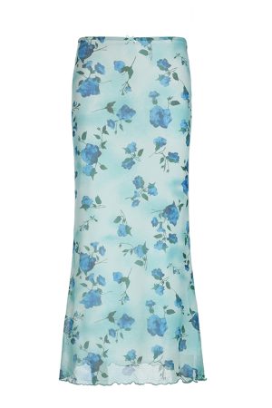Blue Rose Printed Tulle Vintage Midi Skirt - Elegant Long Skirt for Spring - Trendy Floral Design, Perfect for 90s and Y2K Styles